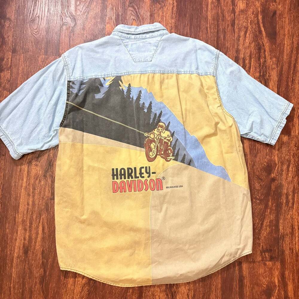 Vintage Harley-Davidson Motorcycle Button-Up Denim Shirt